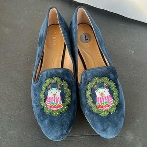 Talbots Blue Suede Holiday Loafers w Cute Bear in Antlers and Gold Heels size 7